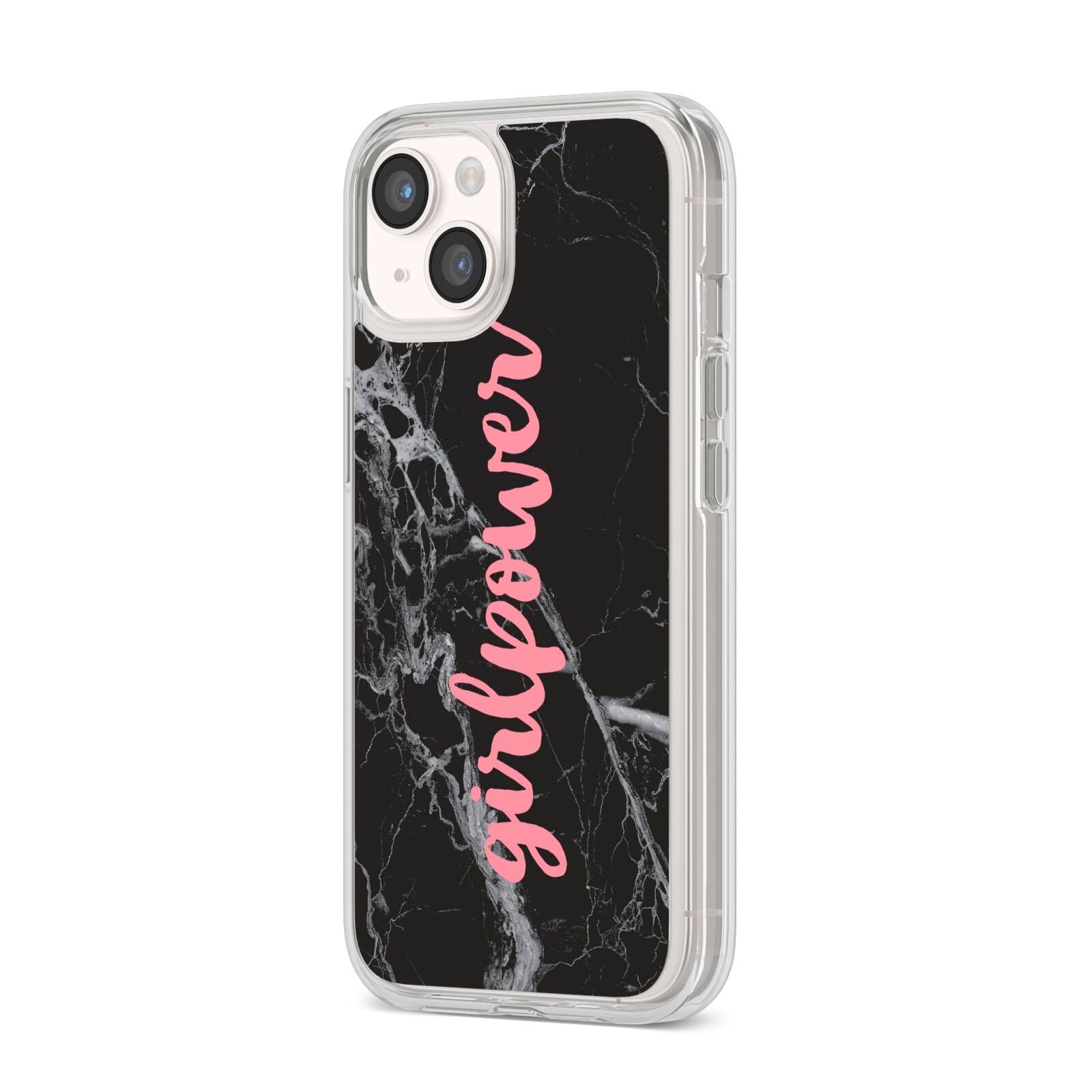 Girlpower Black White Marble Effect iPhone 14 Clear Tough Case Starlight Angled Image