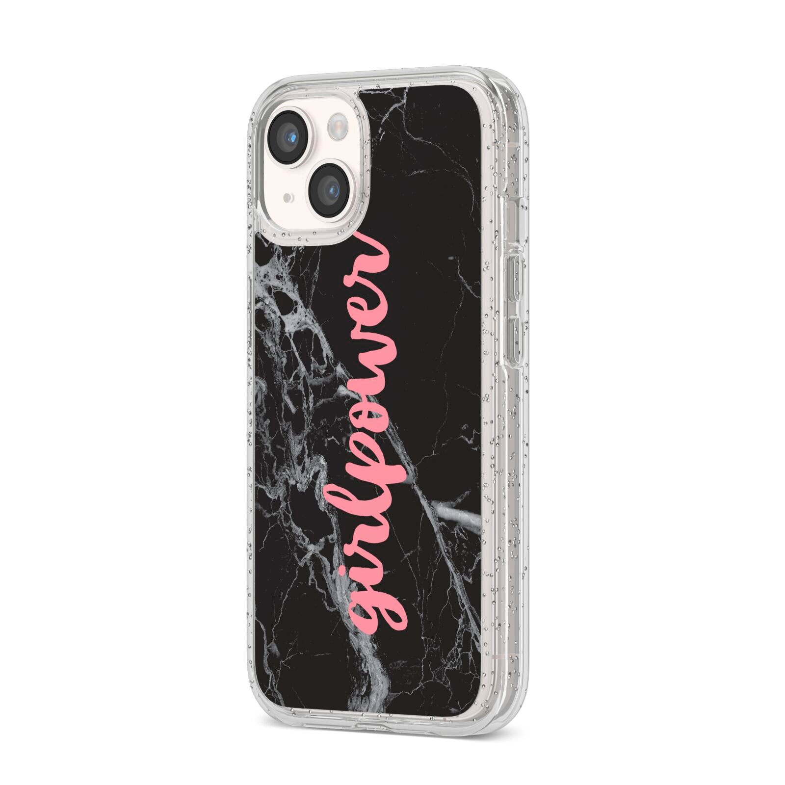 Girlpower Black White Marble Effect iPhone 14 Glitter Tough Case Starlight Angled Image