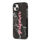Girlpower Black White Marble Effect iPhone 14 Plus Black Impact Case Side Angle on Silver phone
