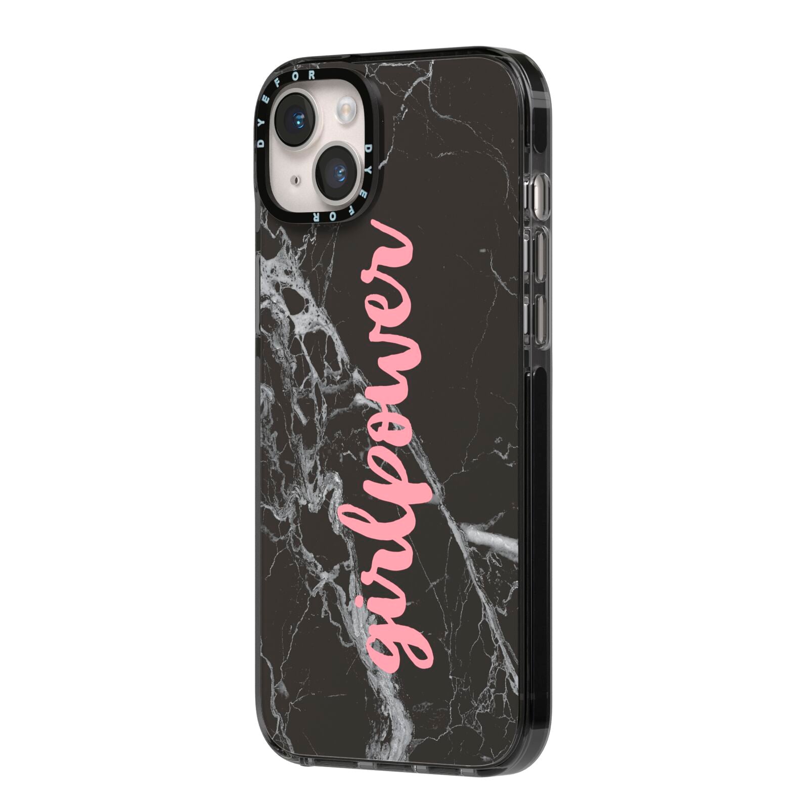 Girlpower Black White Marble Effect iPhone 14 Plus Black Impact Case Side Angle on Silver phone