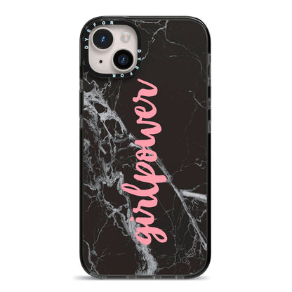 Girlpower Black White Marble Effect iPhone 14 Plus Black Impact Case on Silver phone
