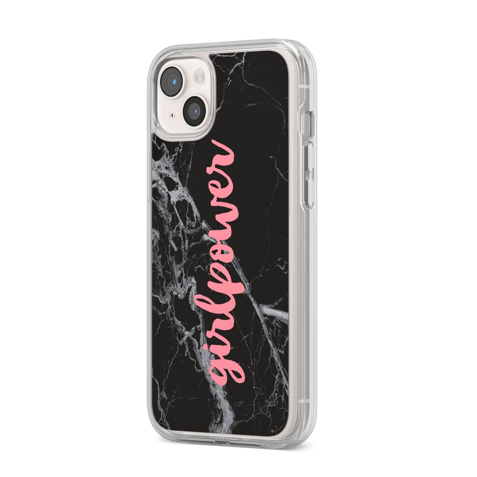 Girlpower Black White Marble Effect iPhone 14 Plus Clear Tough Case Starlight Angled Image