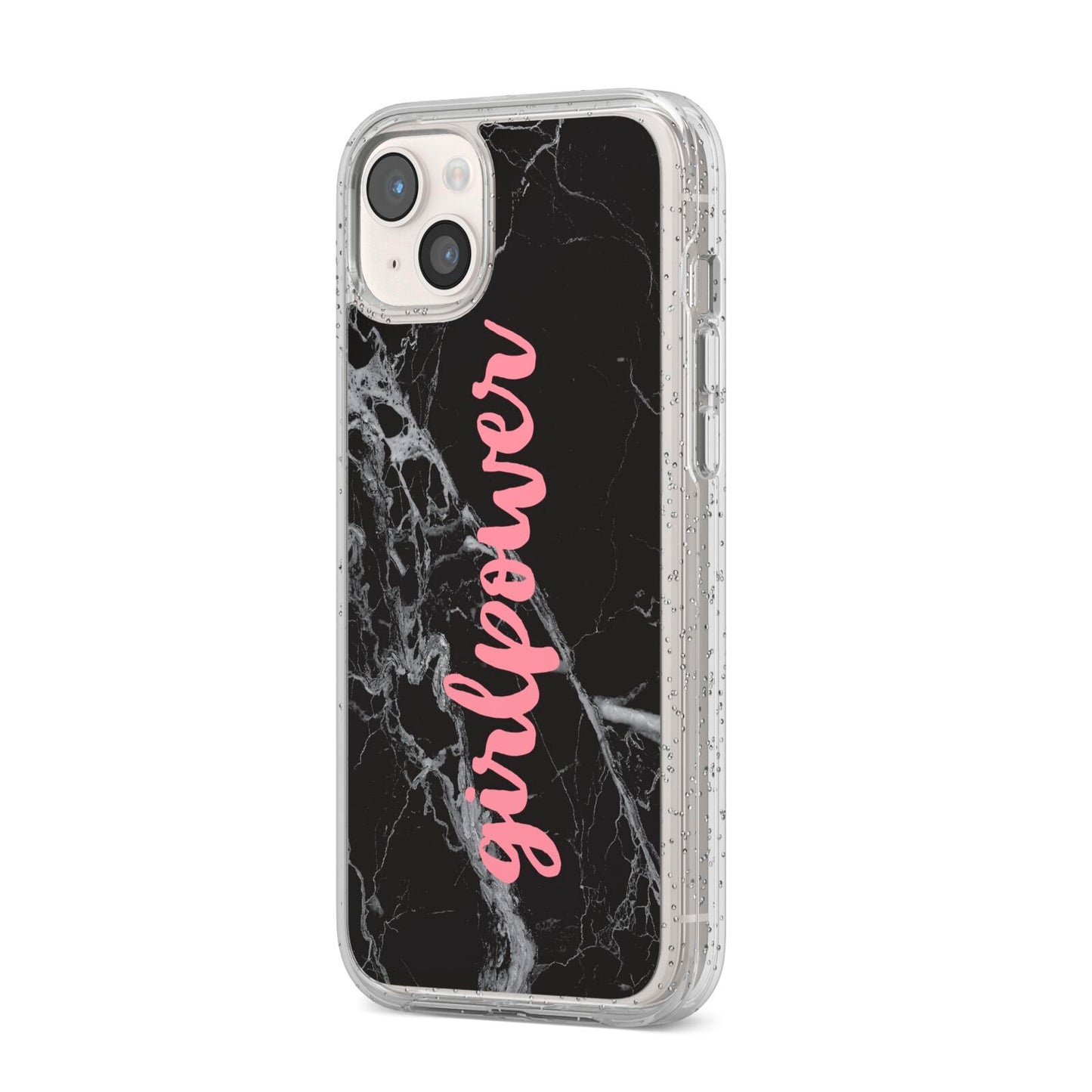 Girlpower Black White Marble Effect iPhone 14 Plus Glitter Tough Case Starlight Angled Image