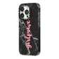 Girlpower Black White Marble Effect iPhone 14 Pro Black Impact Case Side Angle on Silver phone