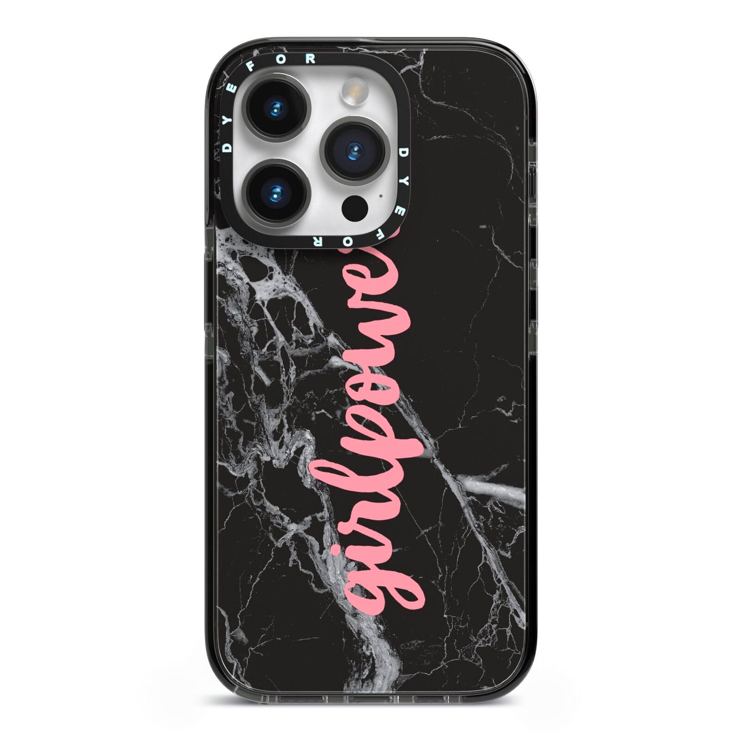 Girlpower Black White Marble Effect iPhone 14 Pro Black Impact Case on Silver phone