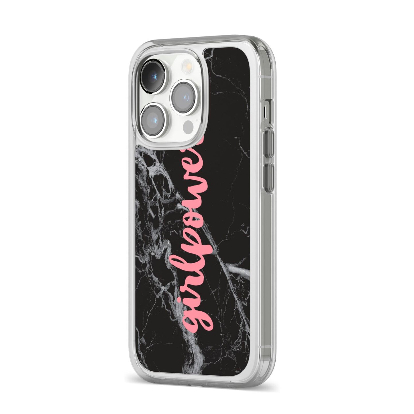 Girlpower Black White Marble Effect iPhone 14 Pro Clear Tough Case Silver Angled Image