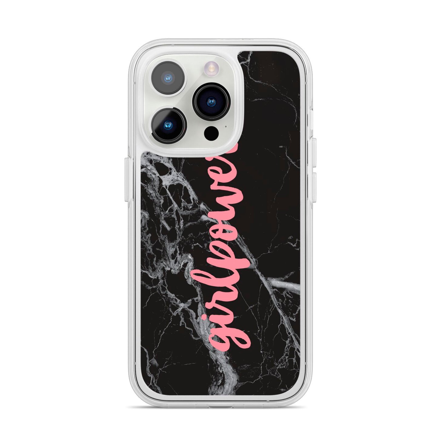 Girlpower Black White Marble Effect iPhone 14 Pro Clear Tough Case Silver