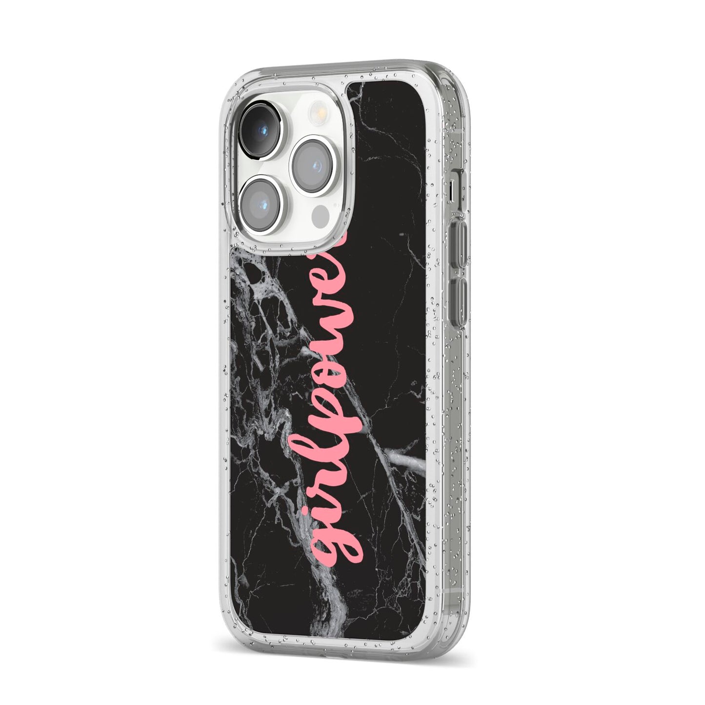 Girlpower Black White Marble Effect iPhone 14 Pro Glitter Tough Case Silver Angled Image