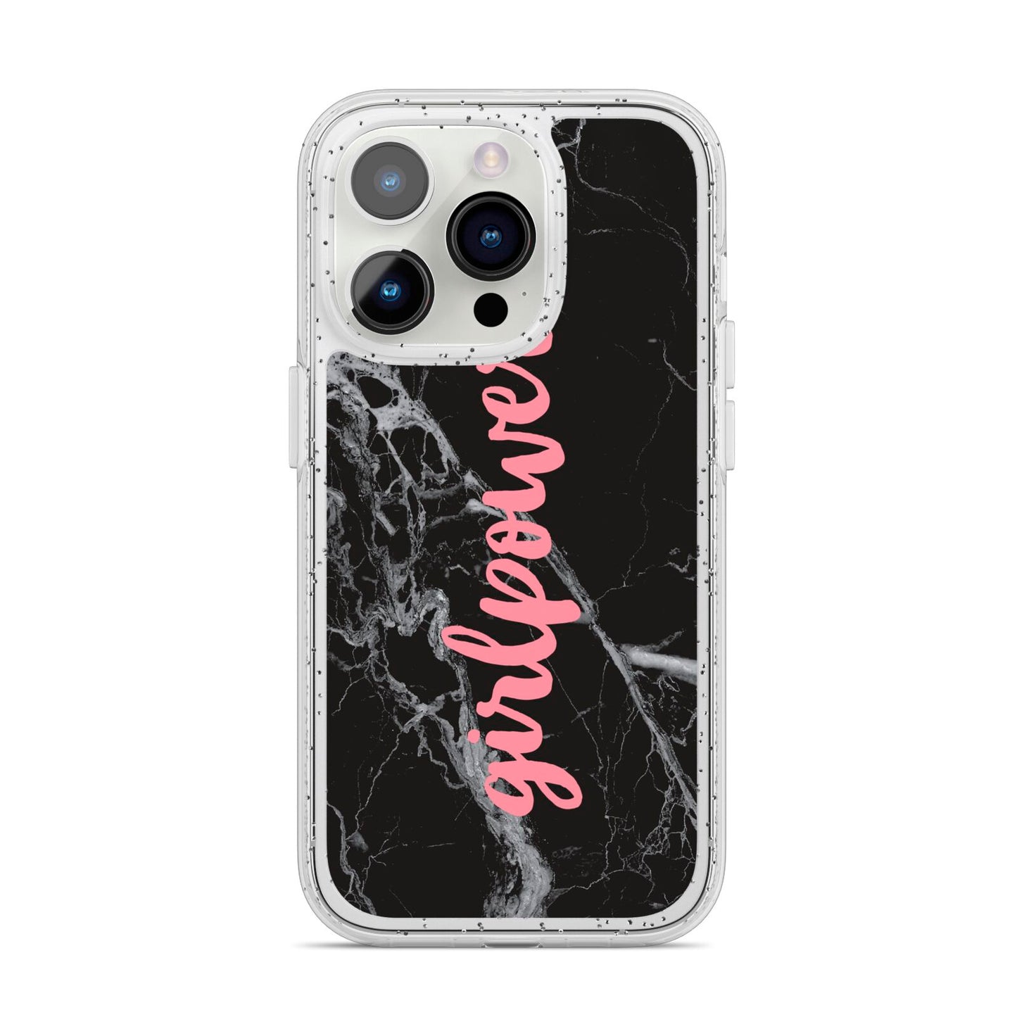 Girlpower Black White Marble Effect iPhone 14 Pro Glitter Tough Case Silver
