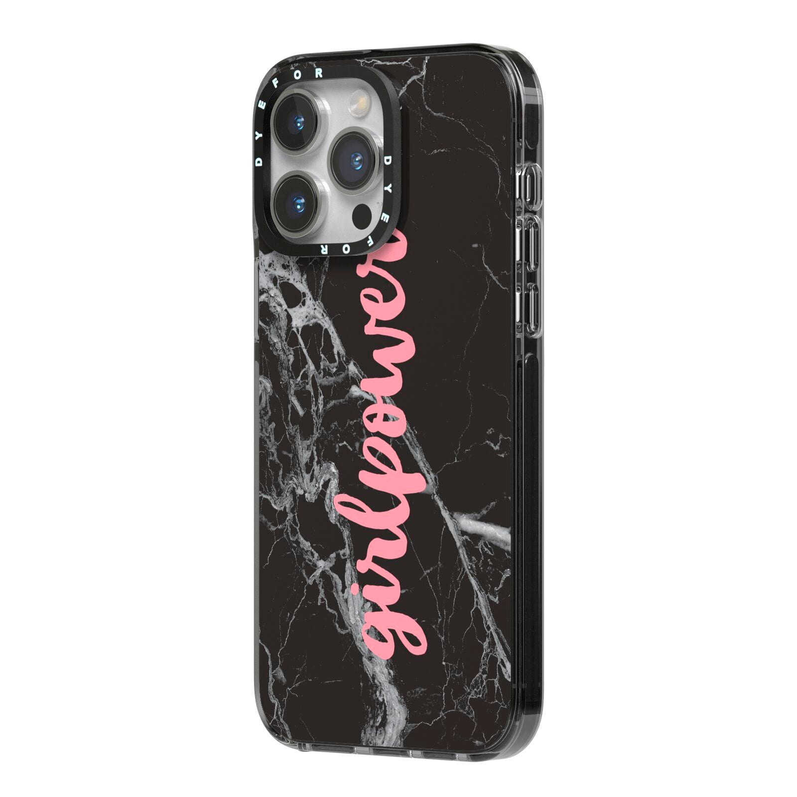 Girlpower Black White Marble Effect iPhone 14 Pro Max Black Impact Case Side Angle on Silver phone