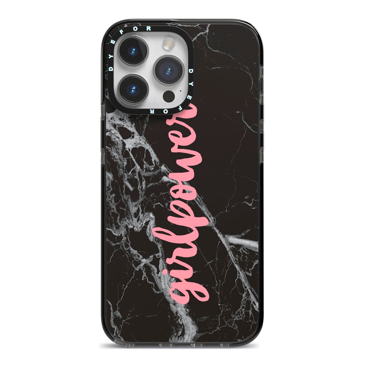 Girlpower Black White Marble Effect iPhone 14 Pro Max Black Impact Case on Silver phone