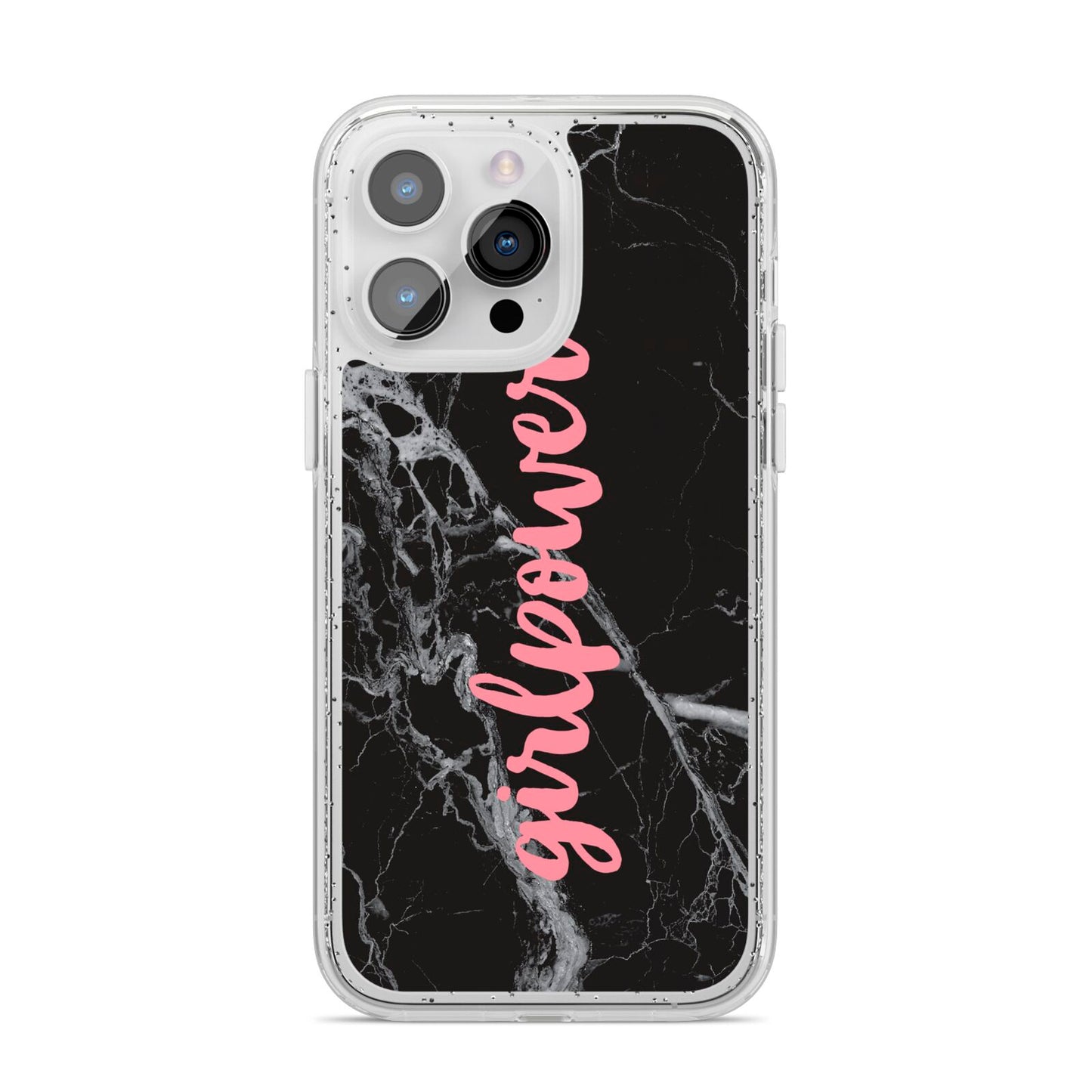 Girlpower Black White Marble Effect iPhone 14 Pro Max Glitter Tough Case Silver