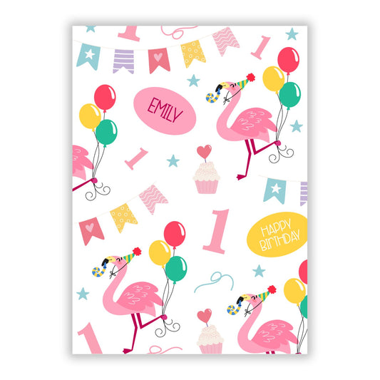 Girls Flamingo Personalised Birthday A5 Flat Greetings Card