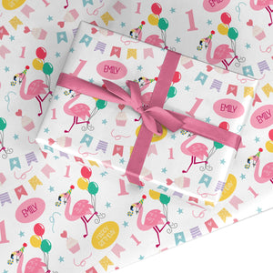 Mädchen-Flamingo-personalisiertes Geburtstags-Geschenkpapier