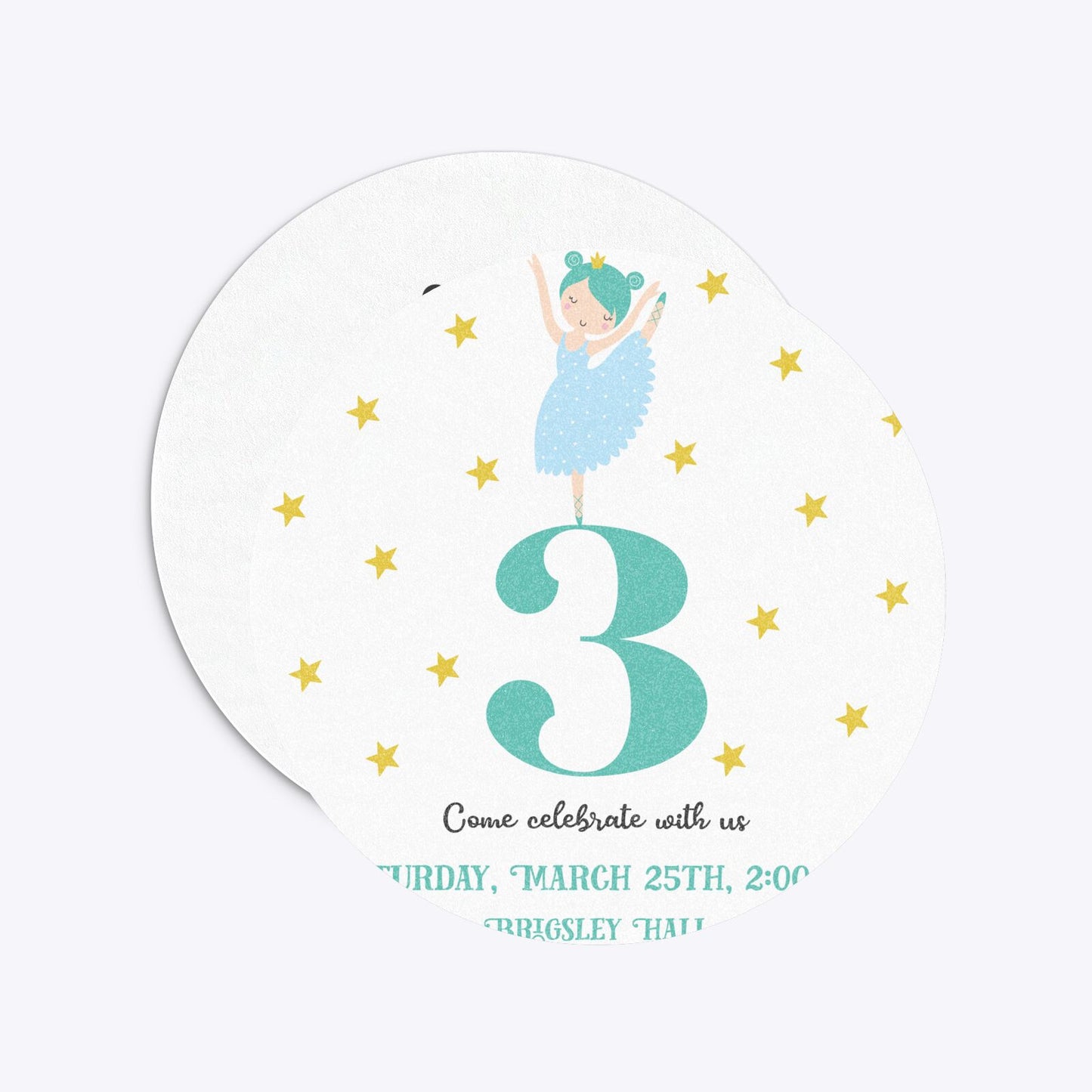 Girls Personalised Birthday Ballerina Circle 5 25x5 25 Invitation Glitter Front and Back Image