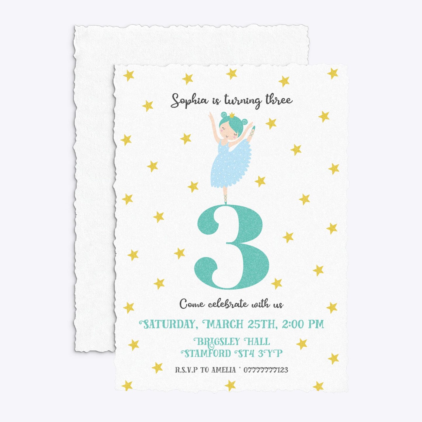Girls Personalised Birthday Ballerina Deckle Invitation Glitter Front and Back Image