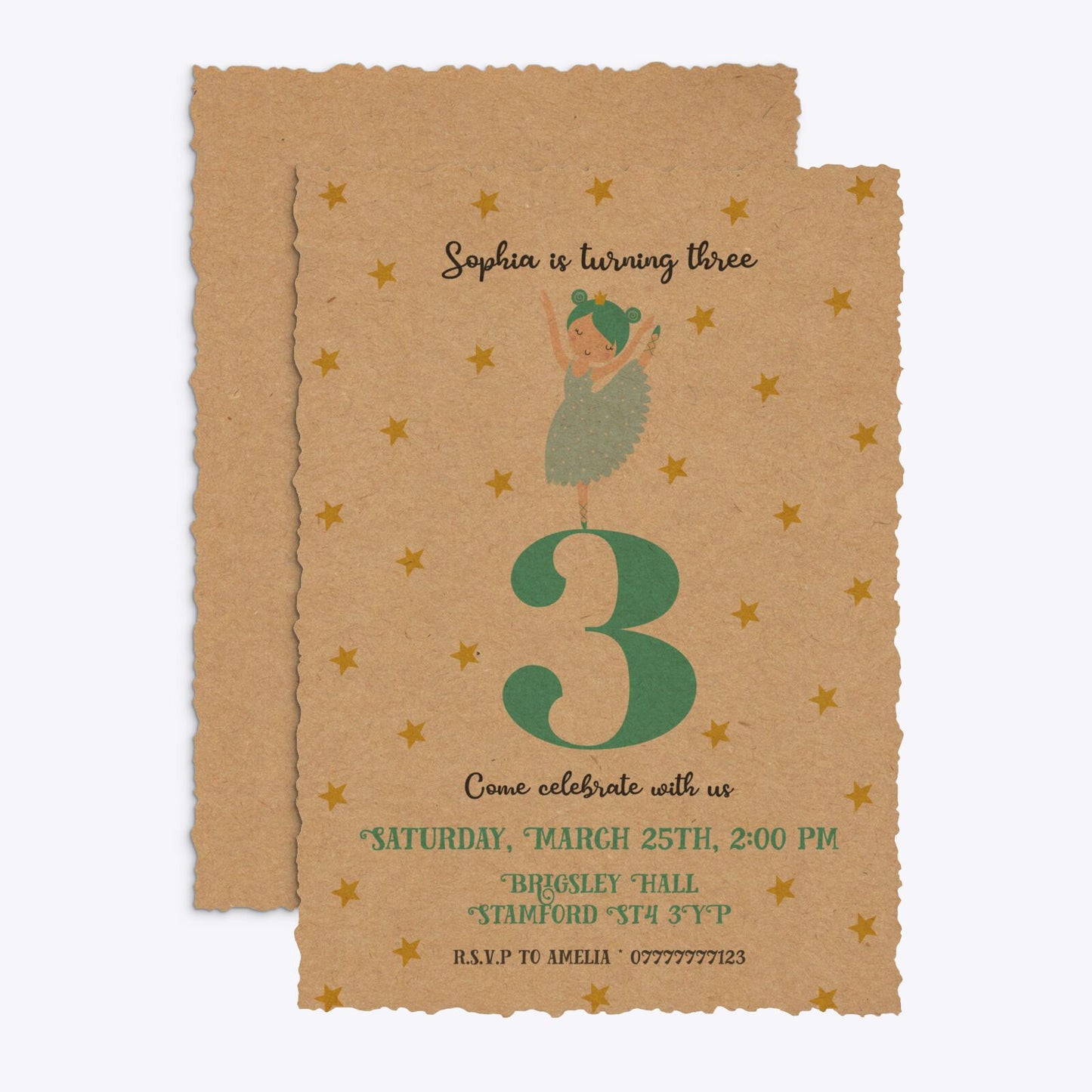 Girls Personalised Birthday Ballerina Deckle Invitation Kraft Front and Back Image