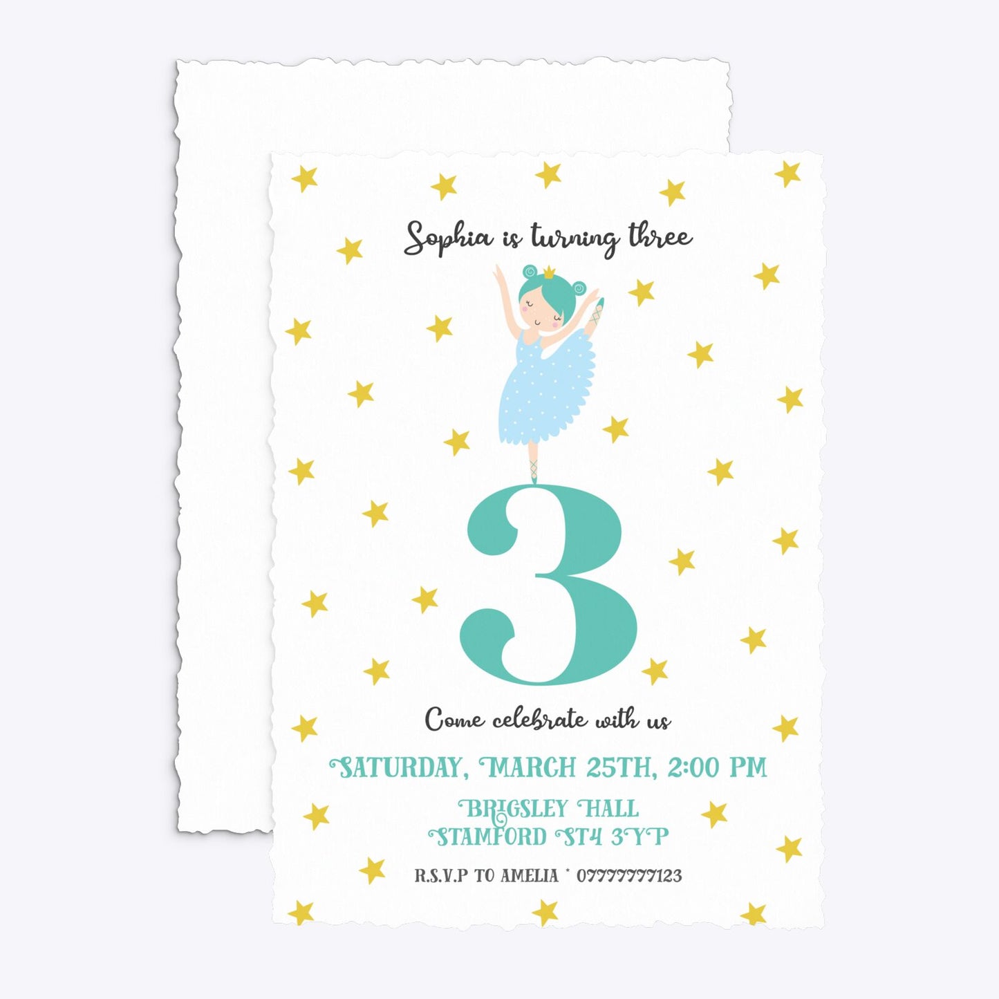 Girls Personalised Birthday Ballerina Deckle Invitation Matte Paper Front and Back Image