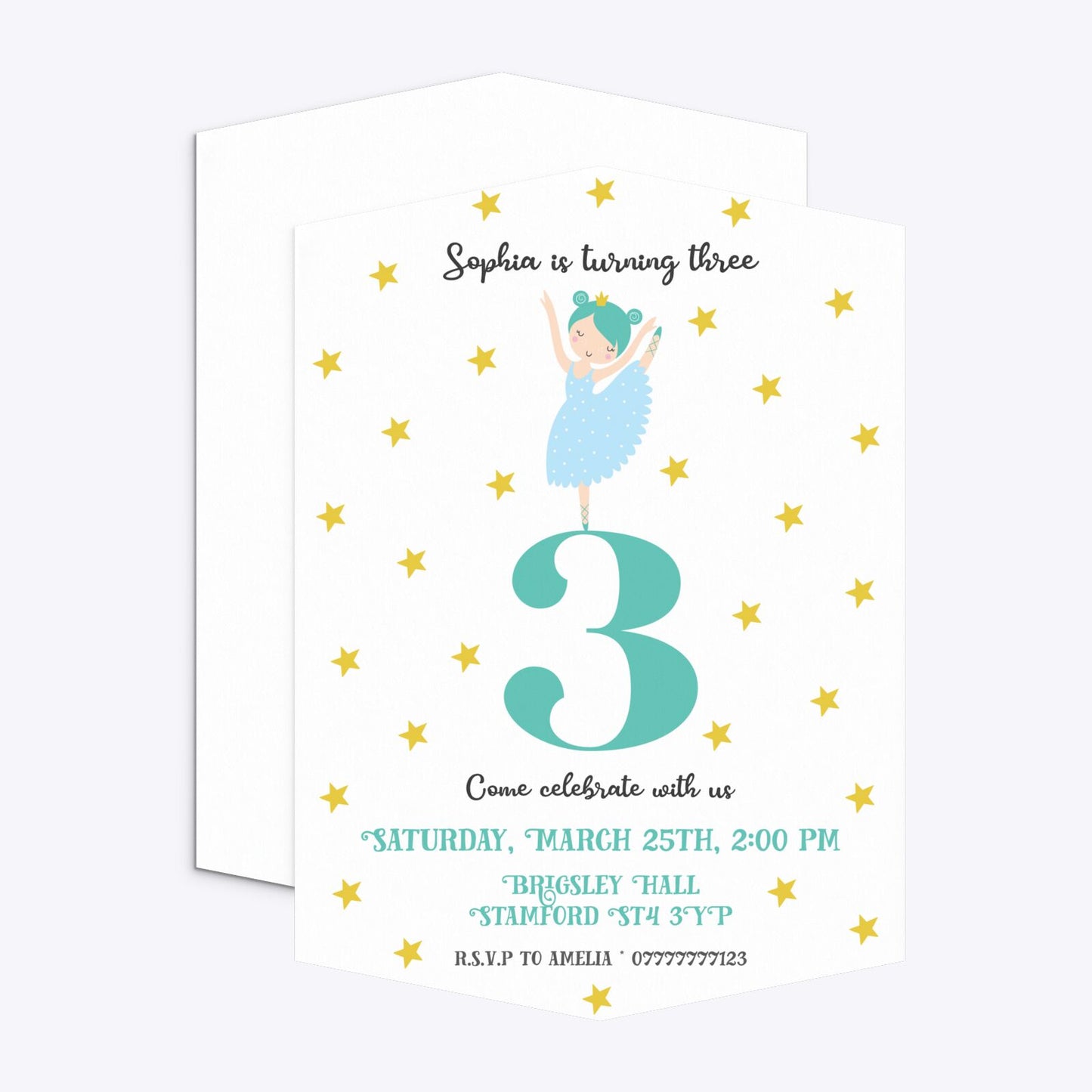 Girls Personalised Birthday Ballerina Geo Invitation Matte Paper Front and Back Image