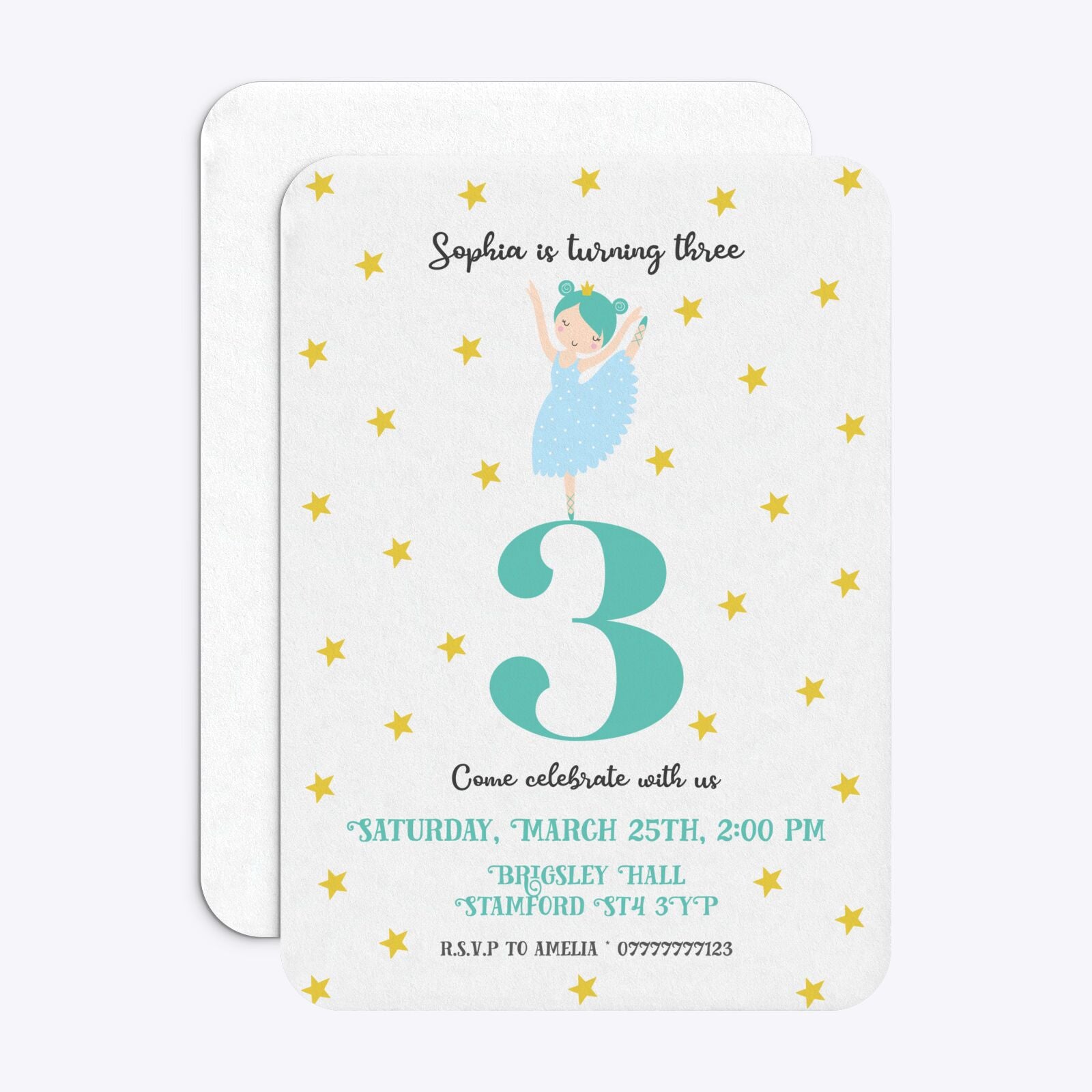 Girls Personalised Birthday Ballerina Rounded Invitation Matte Paper Front and Back Image