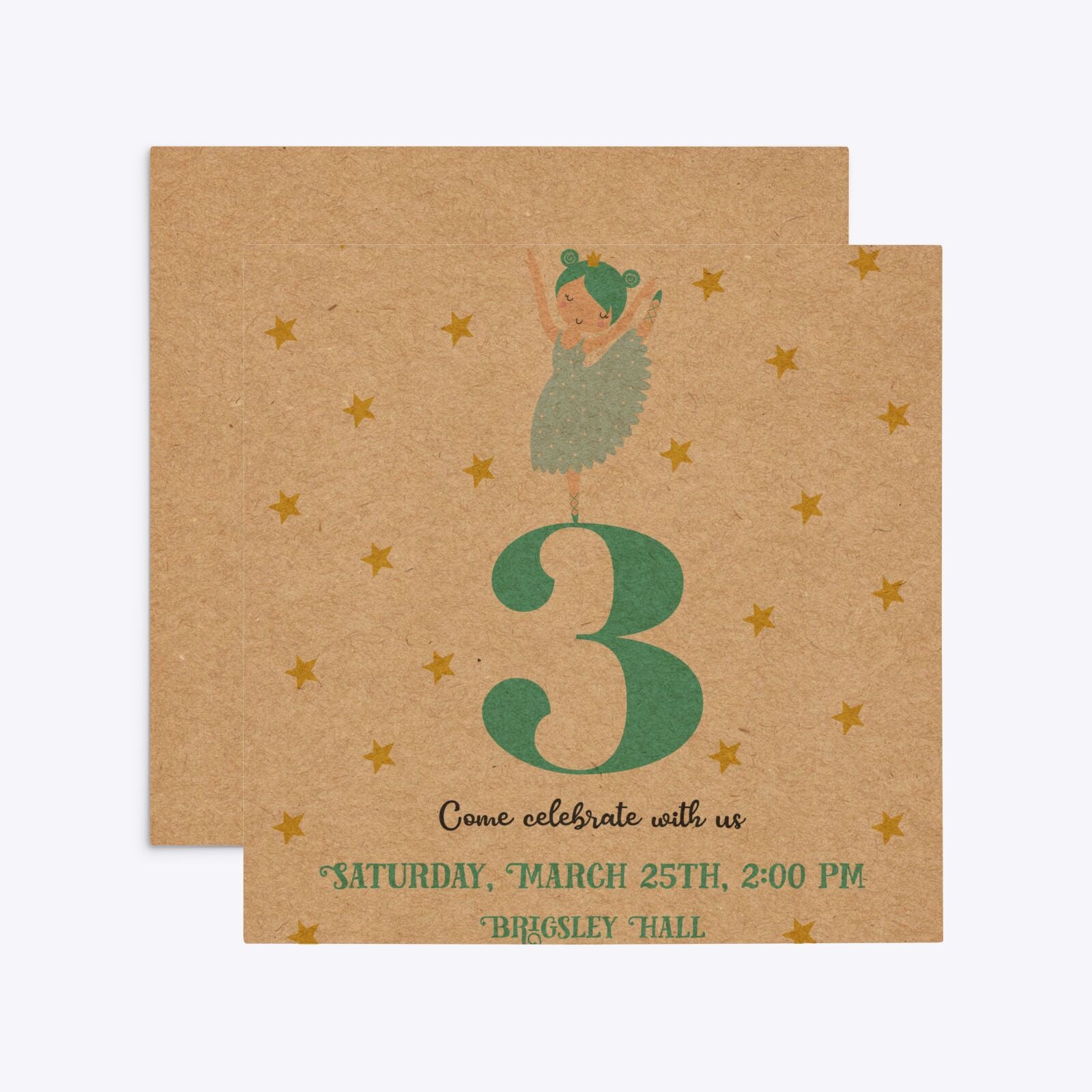 Girls Personalised Birthday Ballerina Square 5 25x5 25 Invitation Kraft Front and Back Image