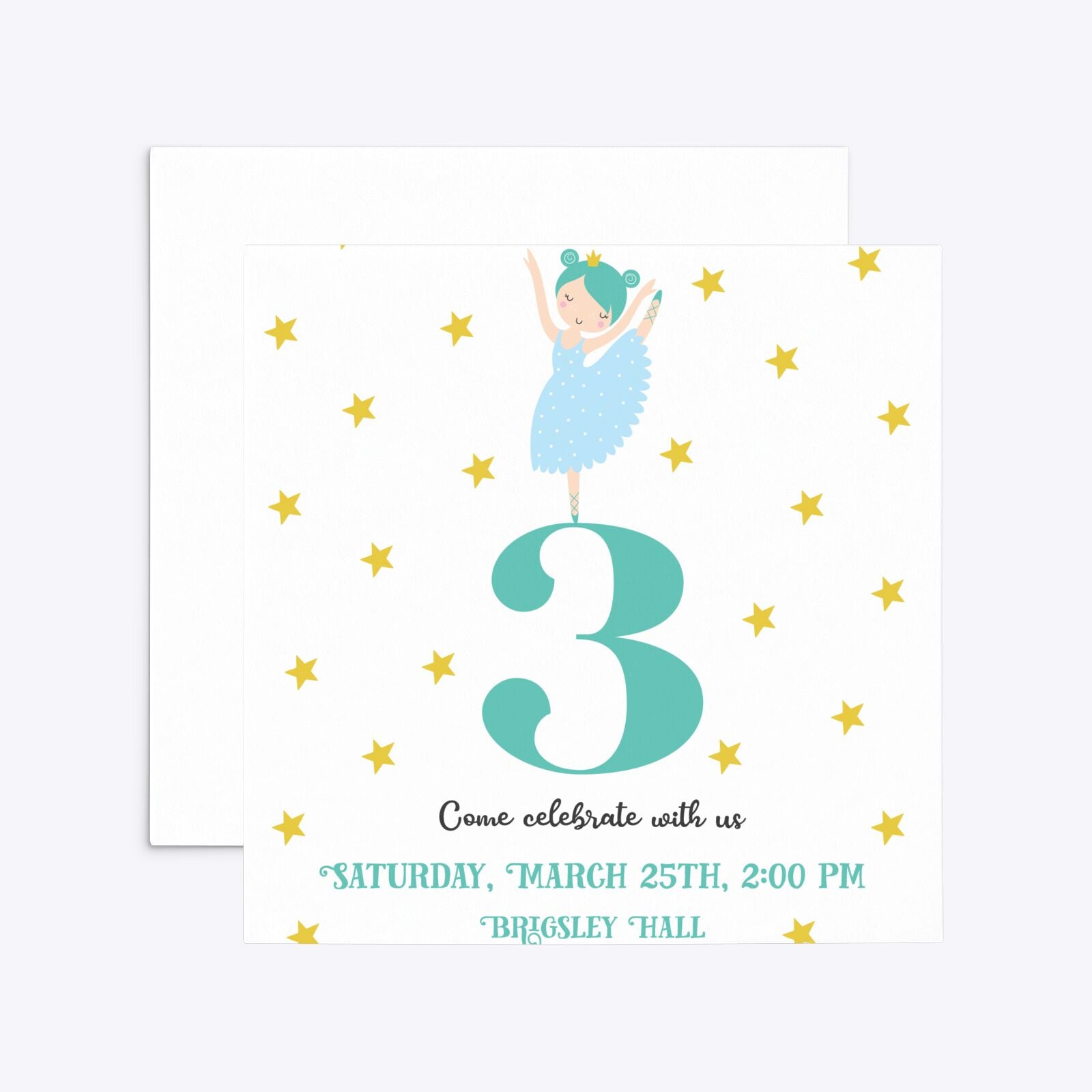 Girls Personalised Birthday Ballerina Square 5 25x5 25 Invitation Matte Paper Front and Back Image