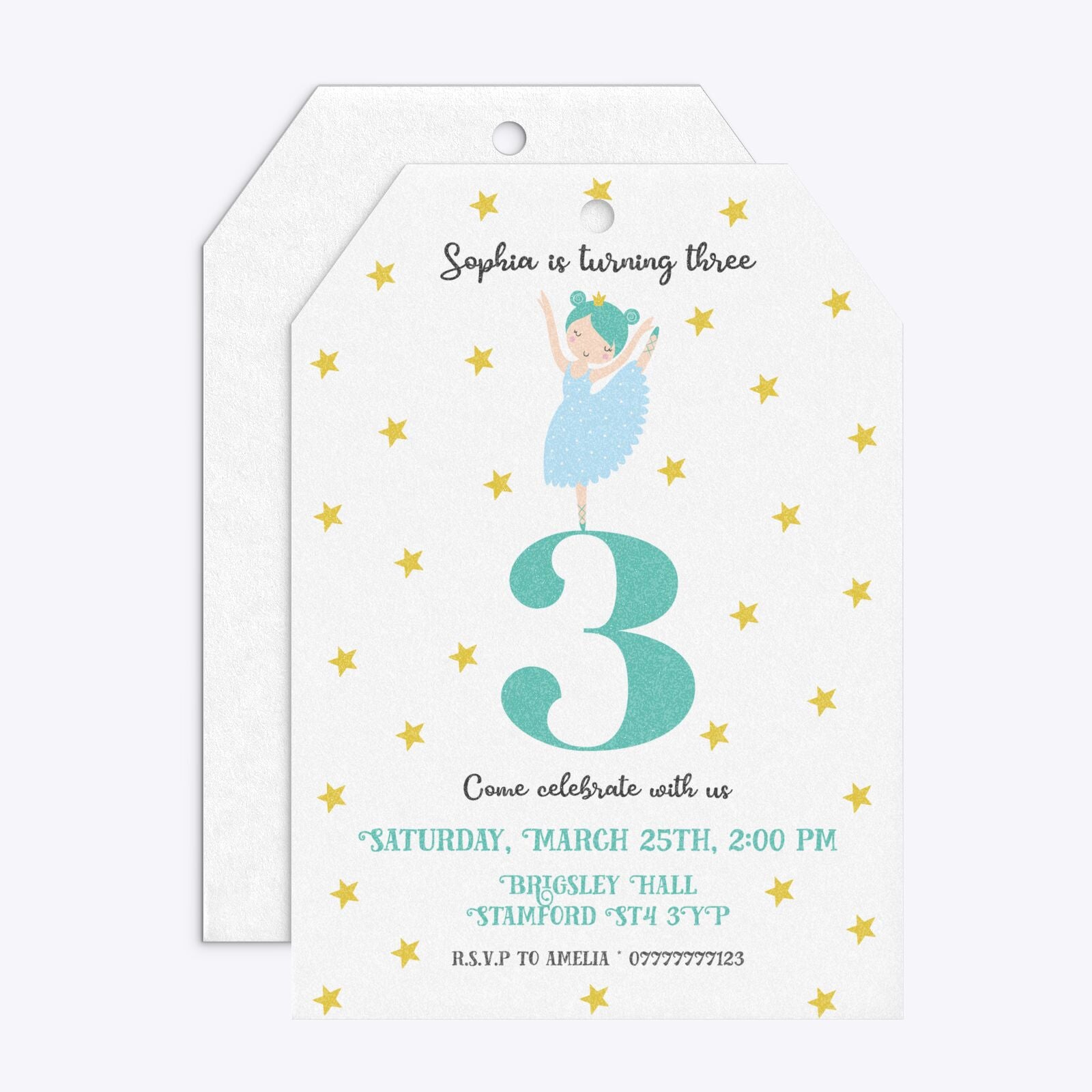 Girls Personalised Birthday Ballerina Tag Invitation Glitter Front and Back Image