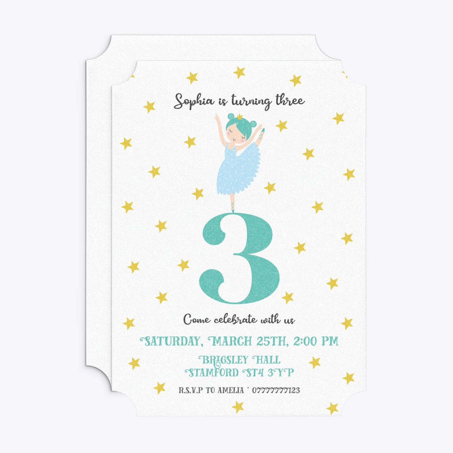 Girls Personalised Birthday Ballerina Ticket Invitation Glitter Front and Back Image