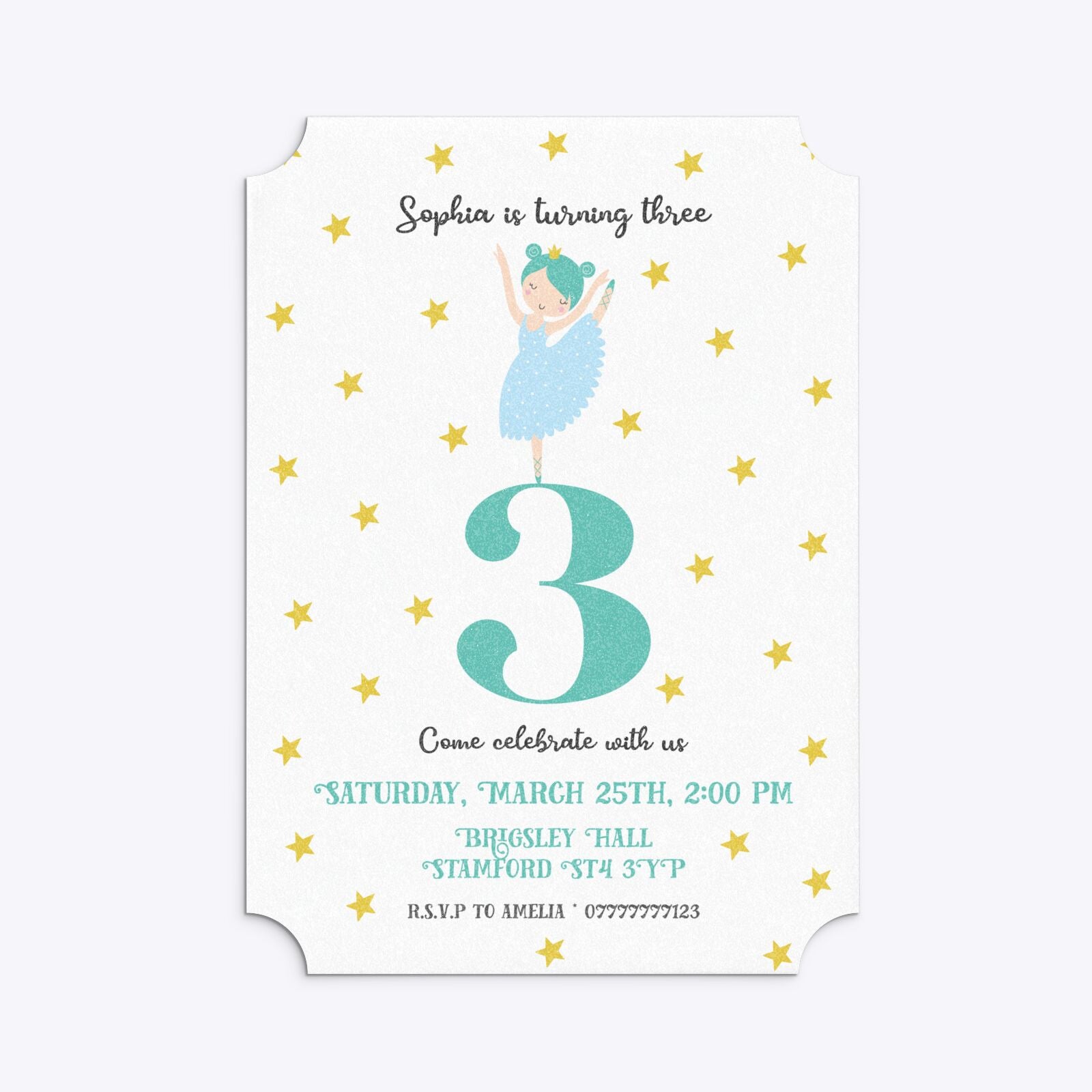 Girls Personalised Birthday Ballerina Ticket Invitation Glitter