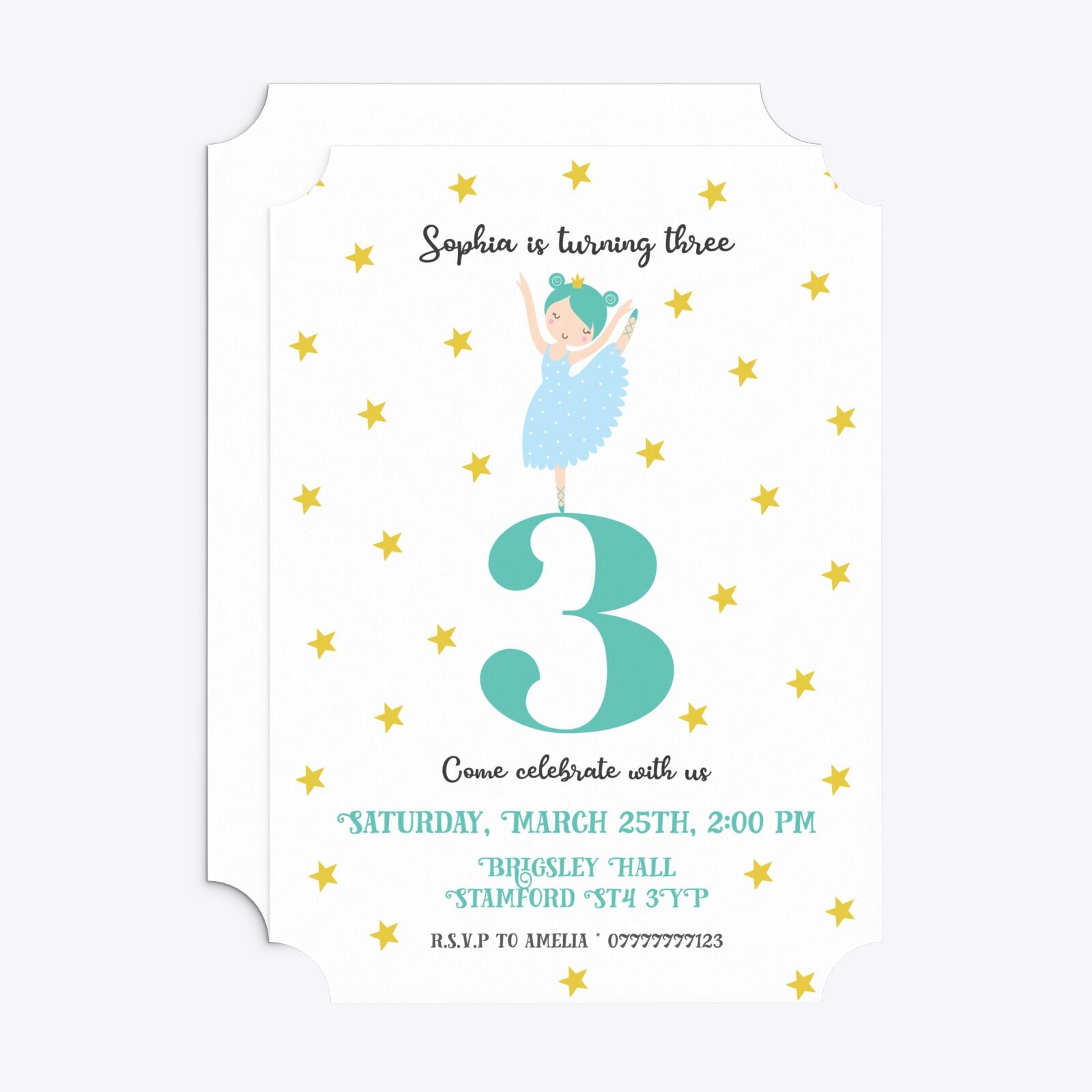 Girls Personalised Birthday Ballerina Ticket Invitation Matte Paper Front and Back Image