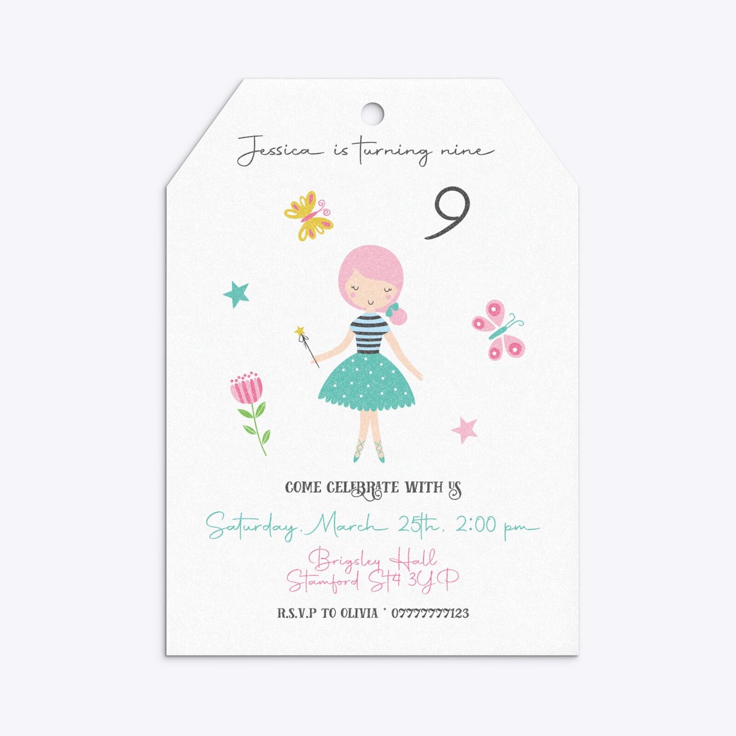 Girls Personalised Birthday Tag Invitation Glitter