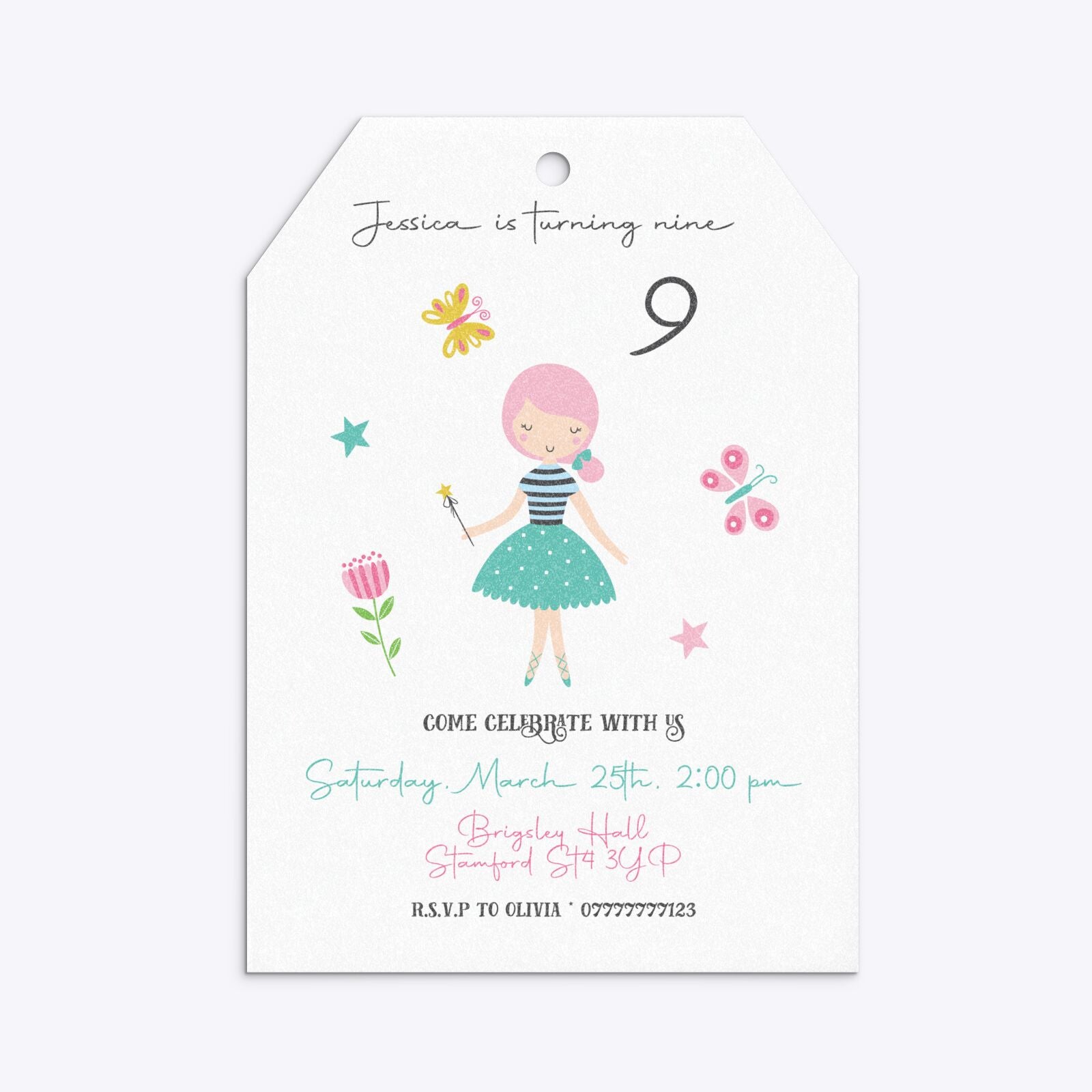 Girls Personalised Birthday Tag Invitation Glitter