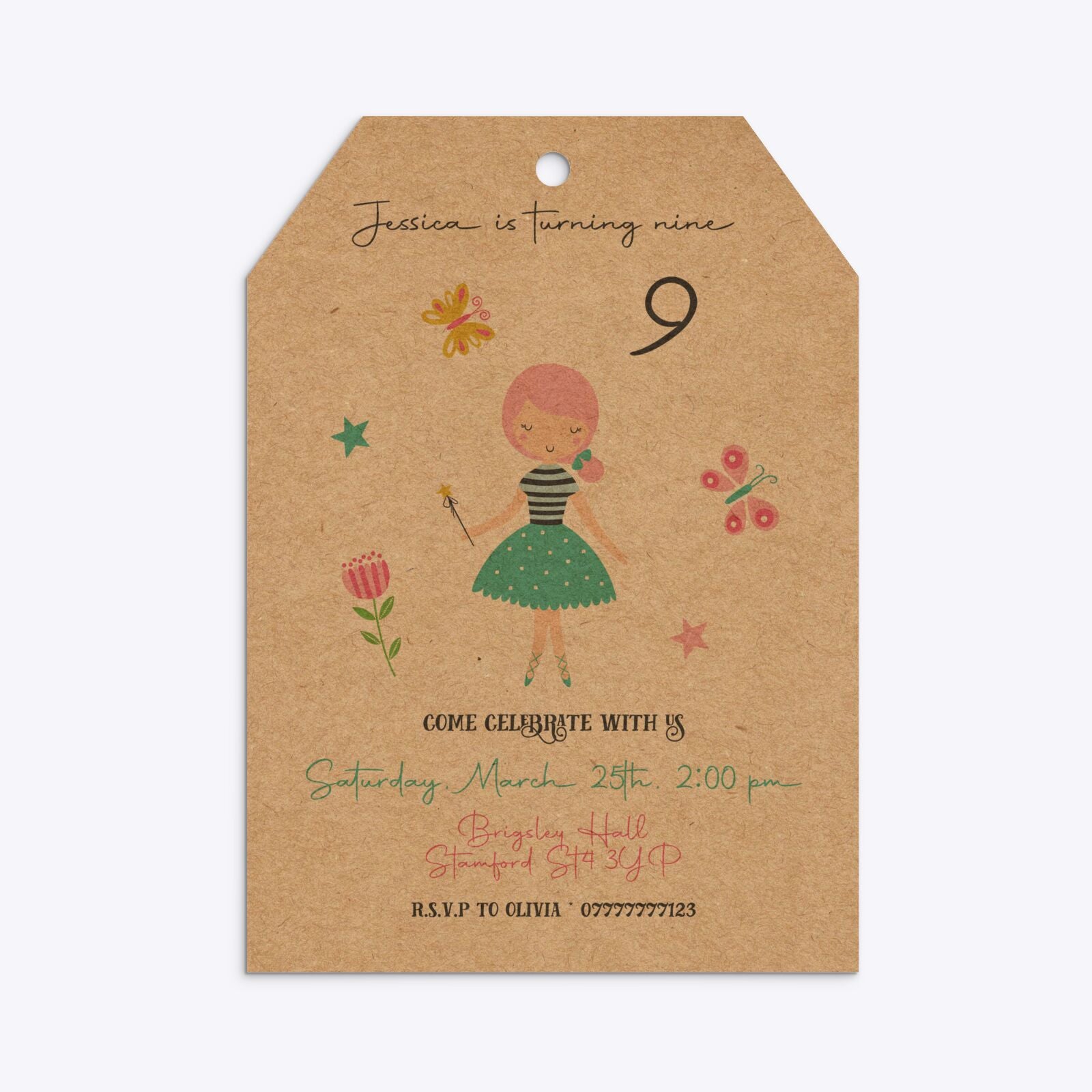 Girls Personalised Birthday Tag Invitation Kraft