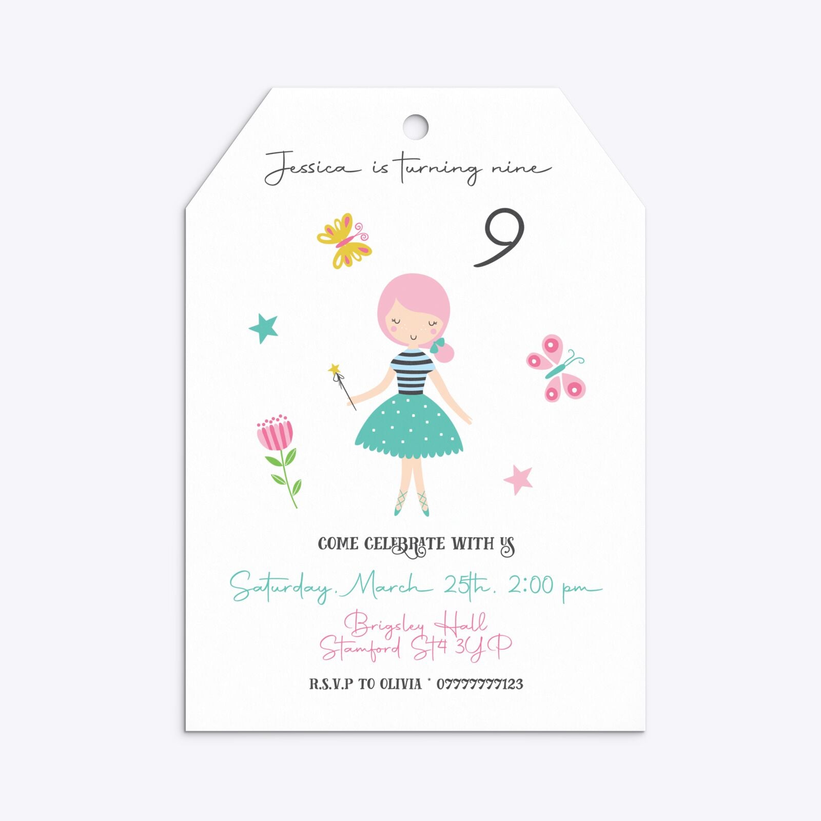 Girls Personalised Birthday Tag Invitation Matte Paper