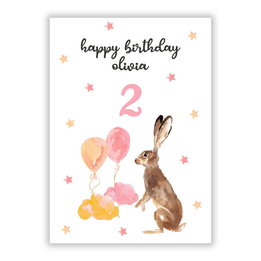 Girls Personalised Hare Happy Birthday A5 Flat Greetings Card