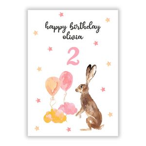 Girls Personalised Hare Happy Birthday Greetings Card