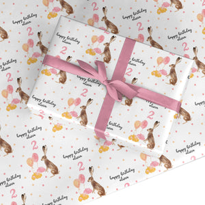Girls Personalised Hare Happy Birthday Wrapping Paper