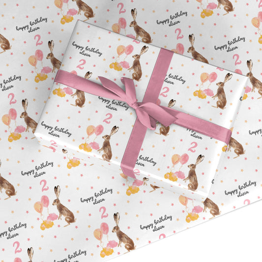 Girls Personalised Hare Happy Birthday Custom Wrapping Paper