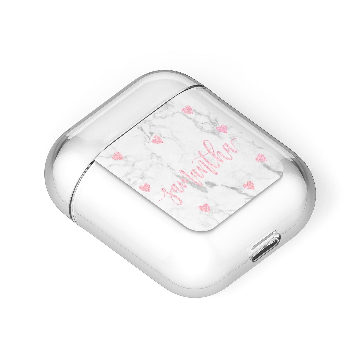 Glitter Hearts Marble Personalised Name AirPods Case Laid Flat