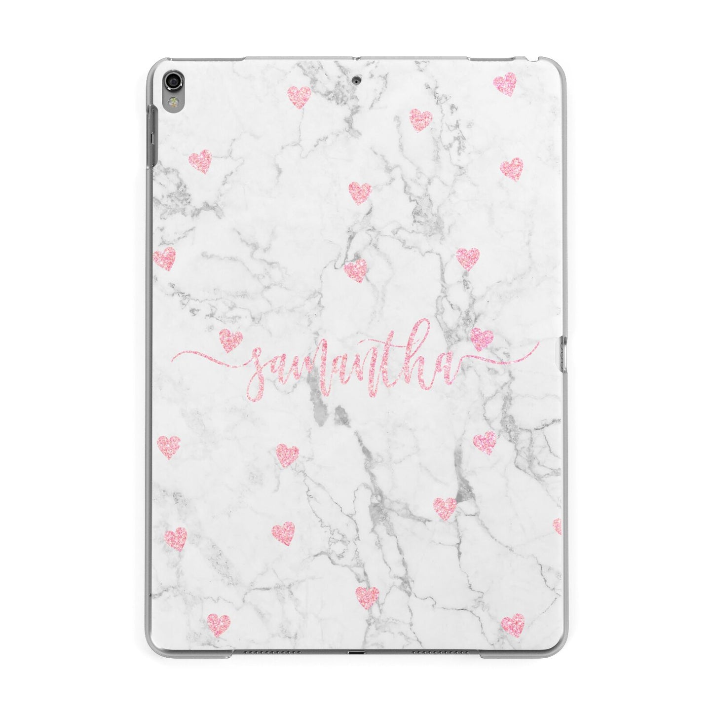Glitter Hearts Marble Personalised Name Apple iPad Grey Case