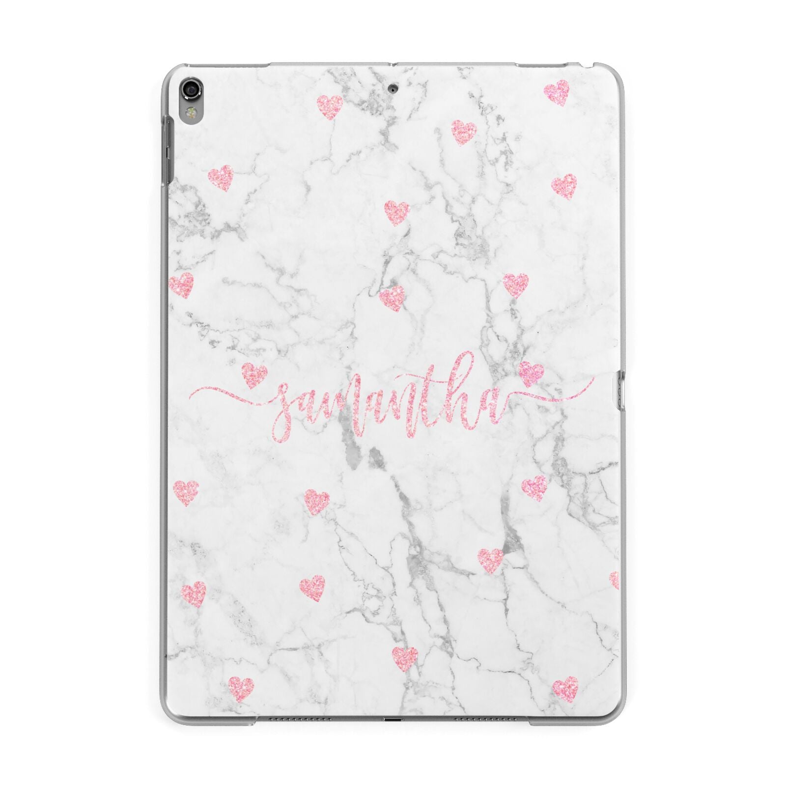 Glitter Hearts Marble Personalised Name Apple iPad Grey Case