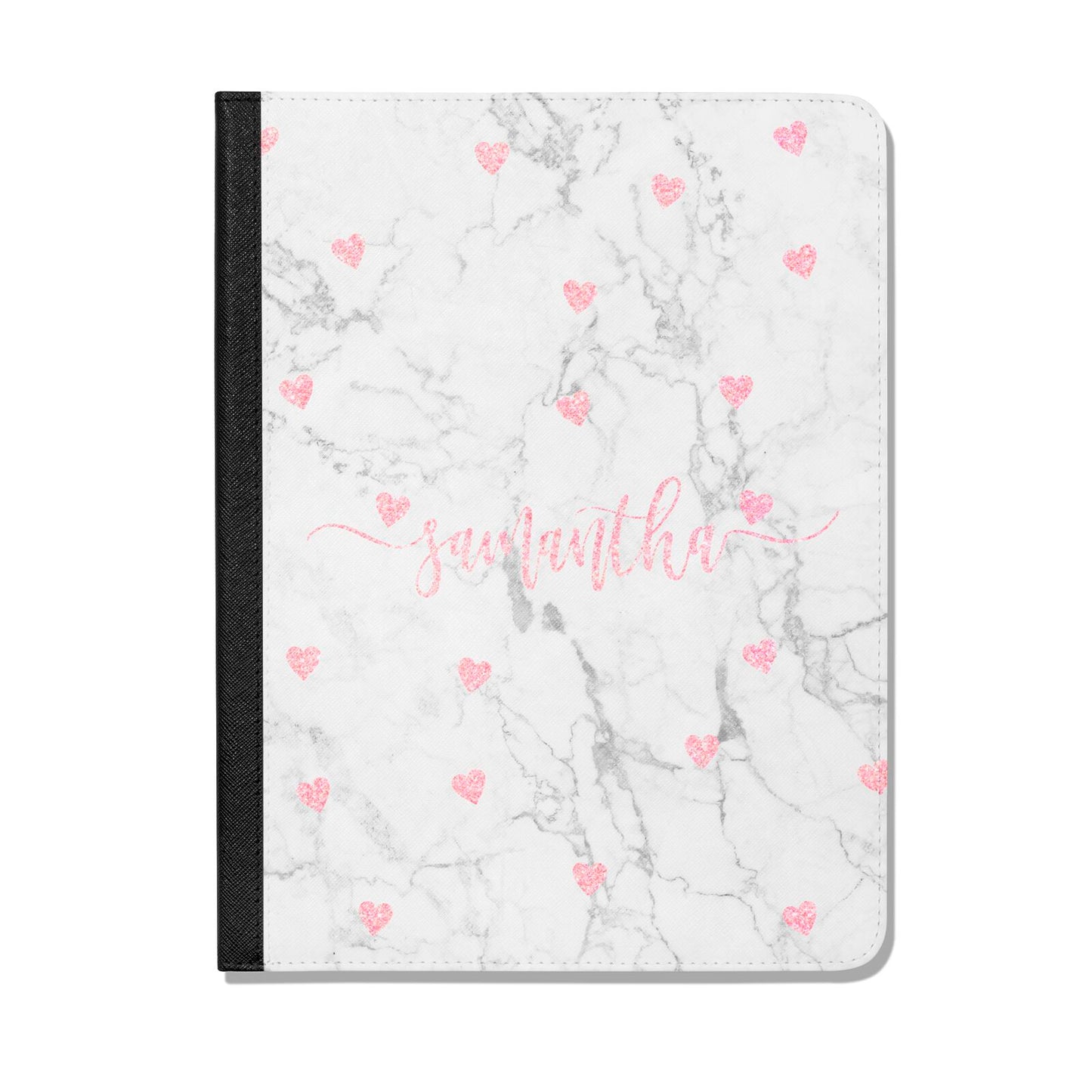 Glitter Hearts Marble Personalised Name Apple iPad Leather Folio Case