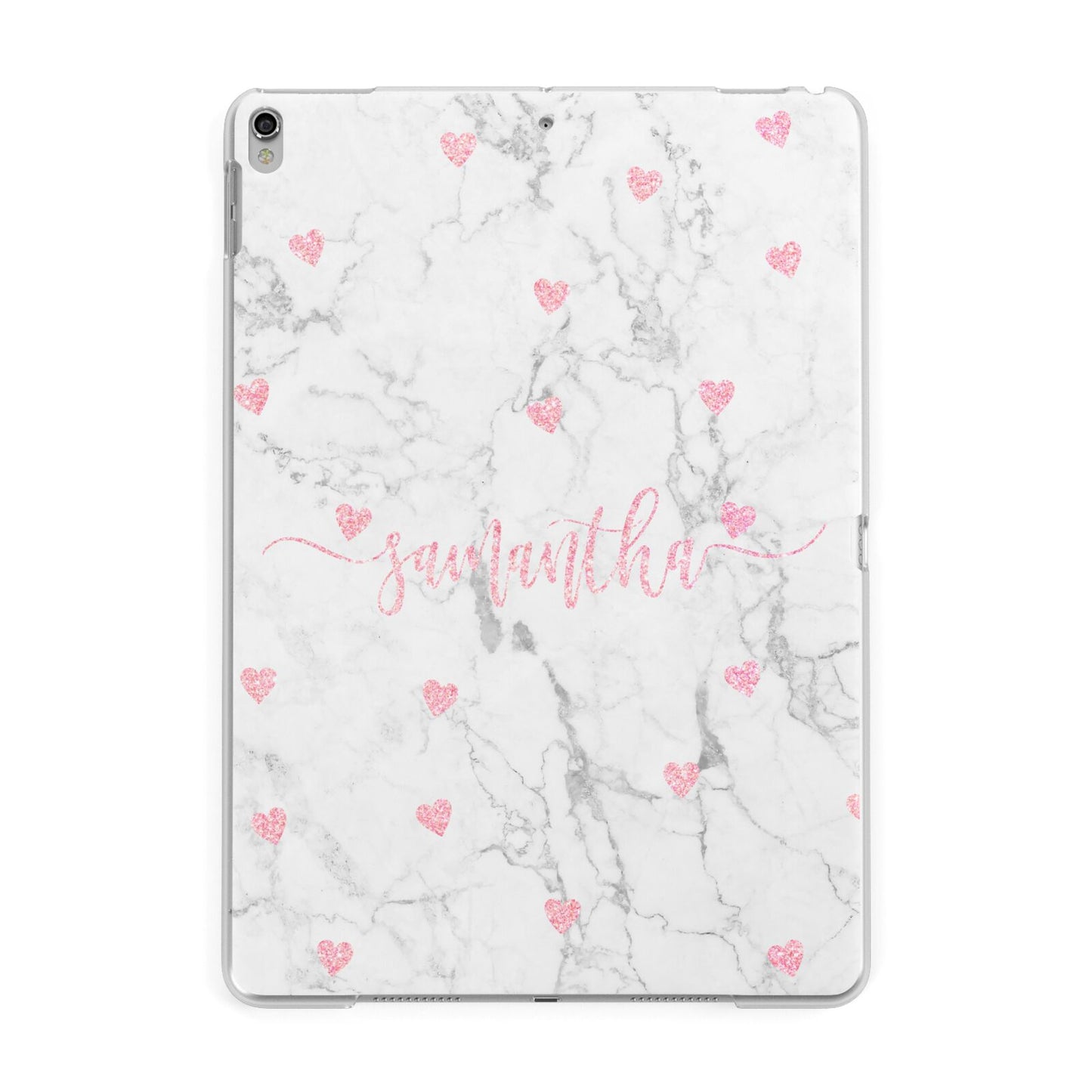 Glitter Hearts Marble Personalised Name Apple iPad Silver Case