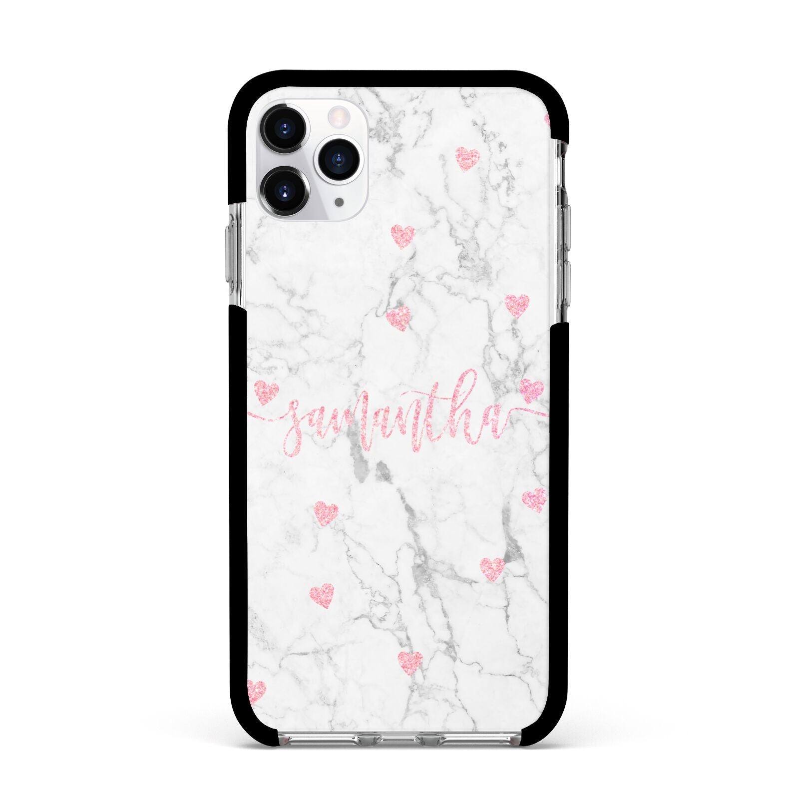 Glitter Hearts Marble Personalised Name Apple iPhone 11 Pro Max in Silver with Black Impact Case