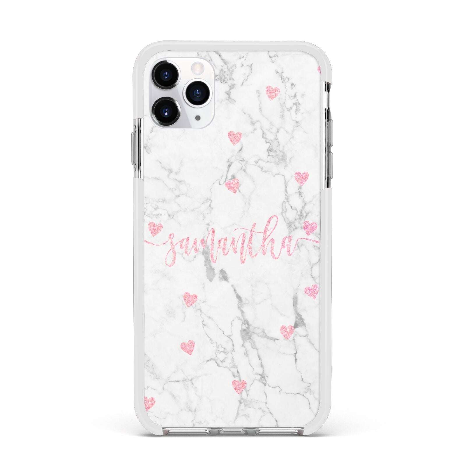 Glitter Hearts Marble Personalised Name Apple iPhone 11 Pro Max in Silver with White Impact Case
