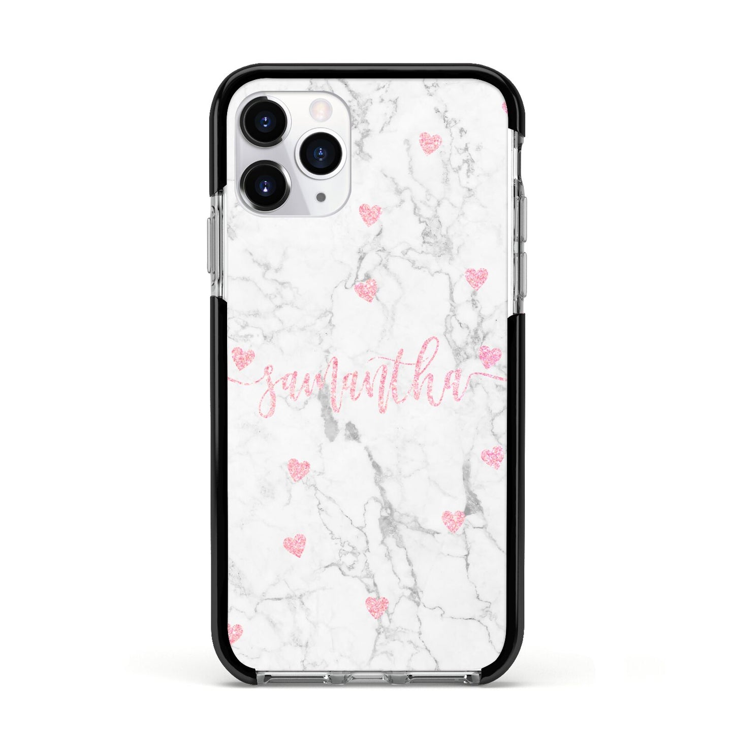 Glitter Hearts Marble Personalised Name Apple iPhone 11 Pro in Silver with Black Impact Case