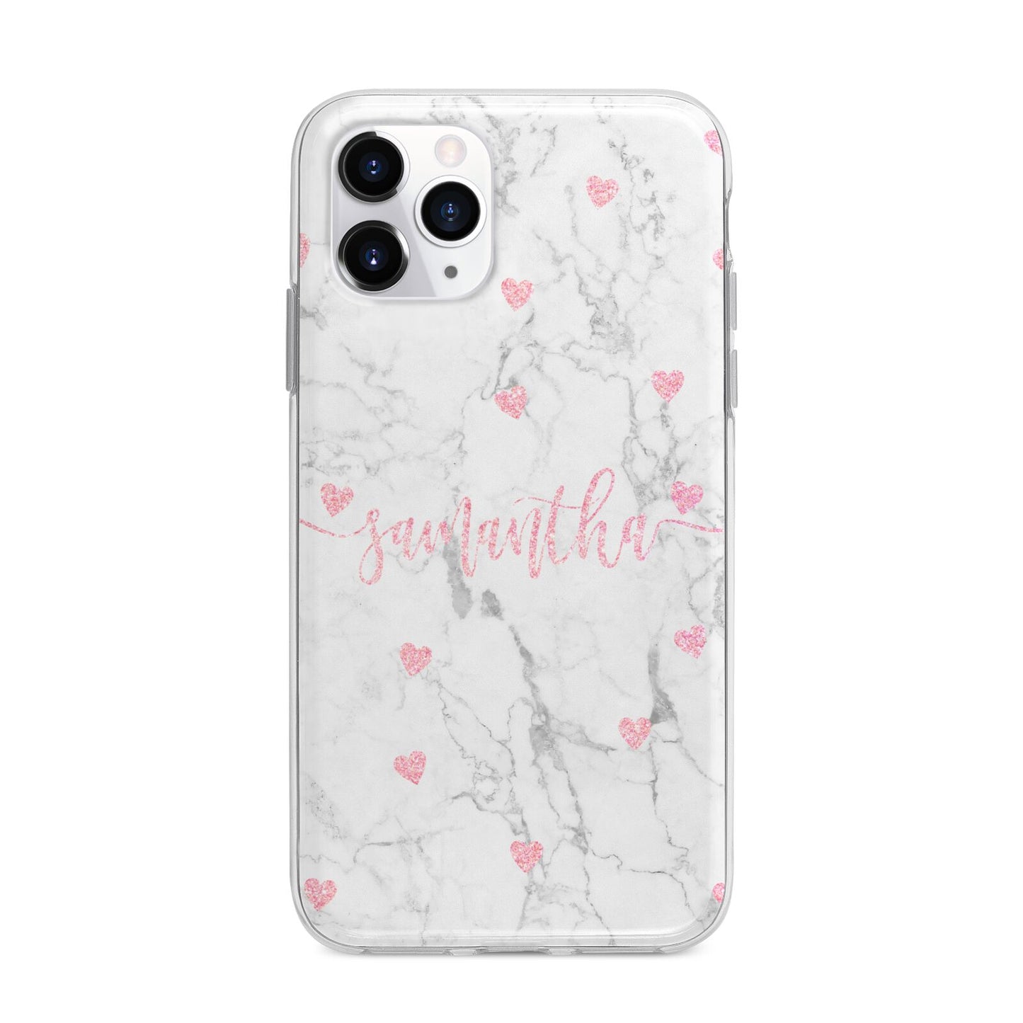 Glitter Hearts Marble Personalised Name Apple iPhone 11 Pro in Silver with Bumper Case