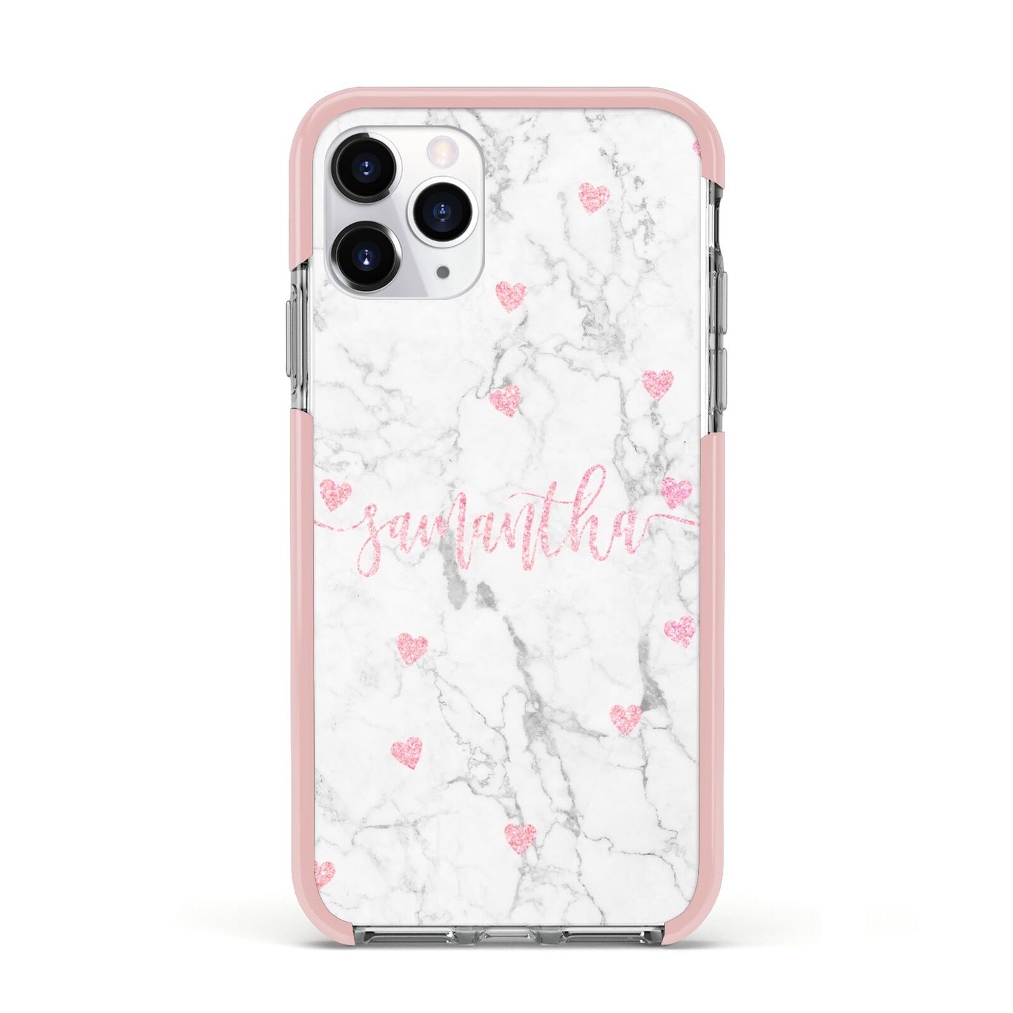 Glitter Hearts Marble Personalised Name Apple iPhone 11 Pro in Silver with Pink Impact Case