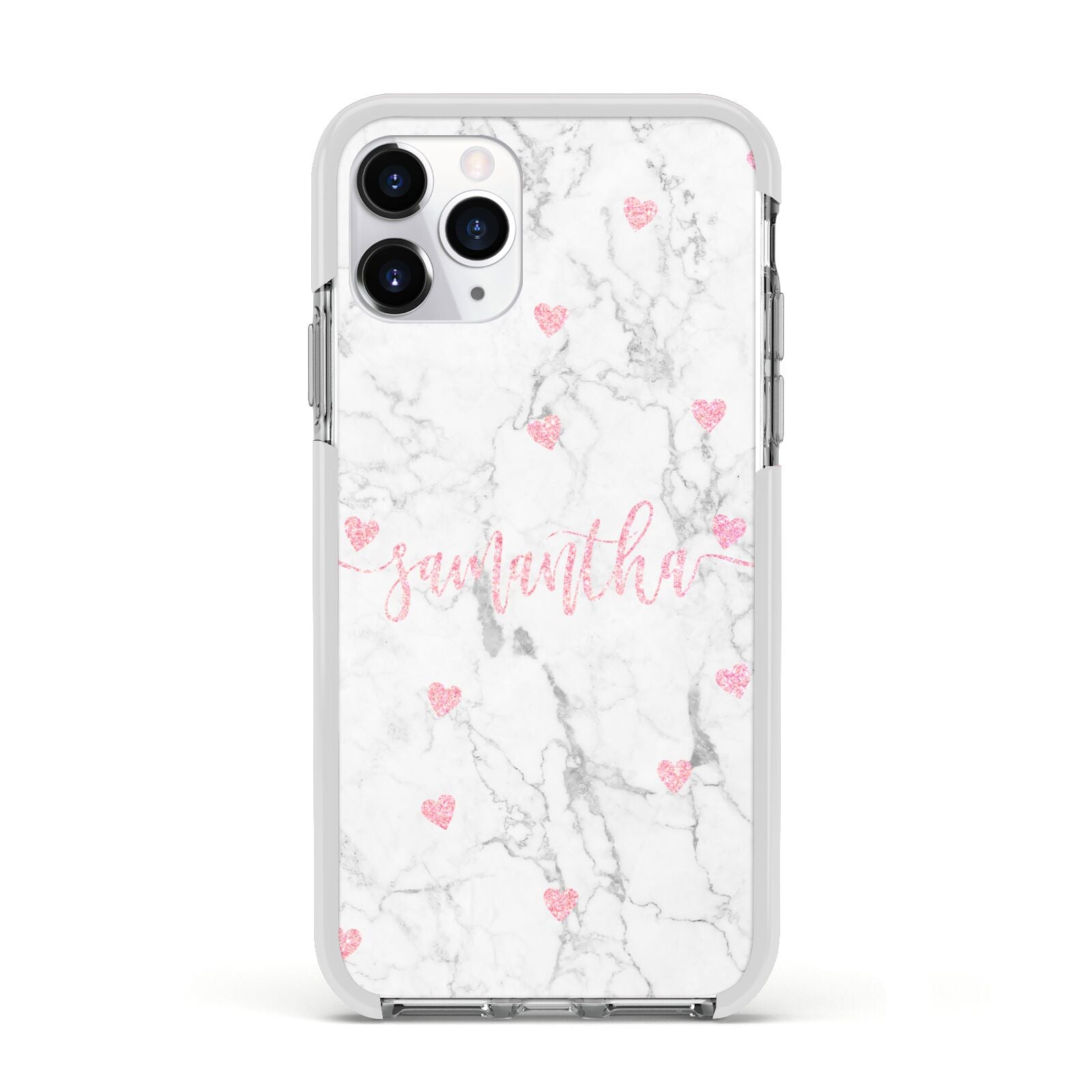 Glitter Hearts Marble Personalised Name Apple iPhone 11 Pro in Silver with White Impact Case