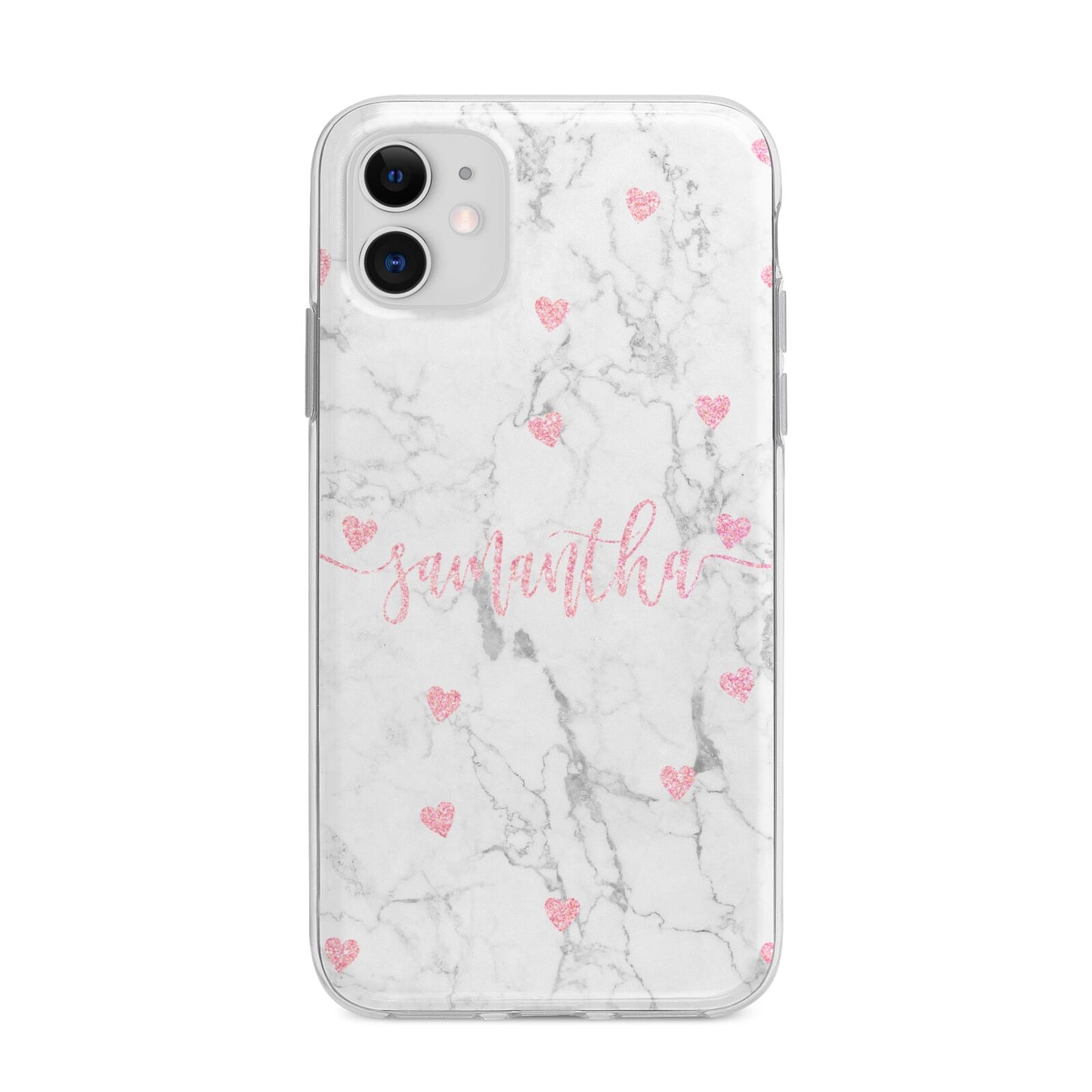 Glitter Hearts Marble Personalised Name Apple iPhone 11 in White with Bumper Case